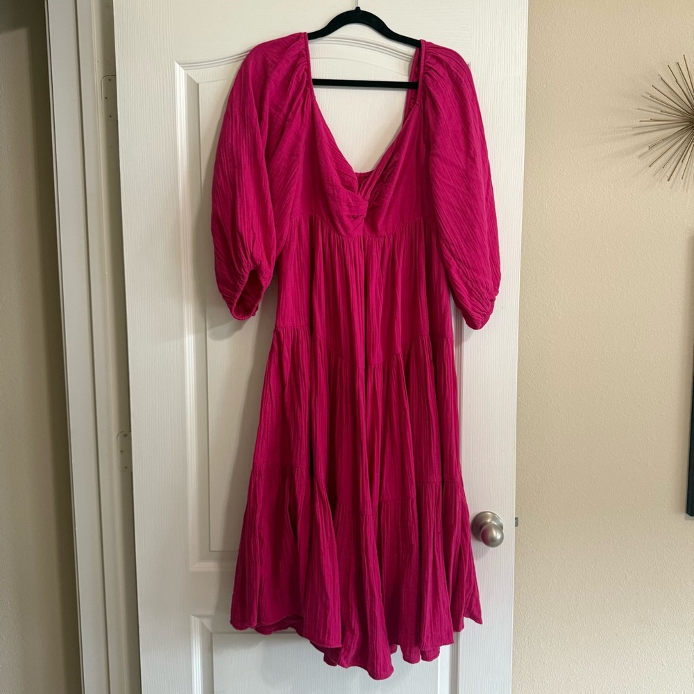 Trina Turk Day Dreaming Cotton Babydoll Midi Boho Dress Hot Pink XL